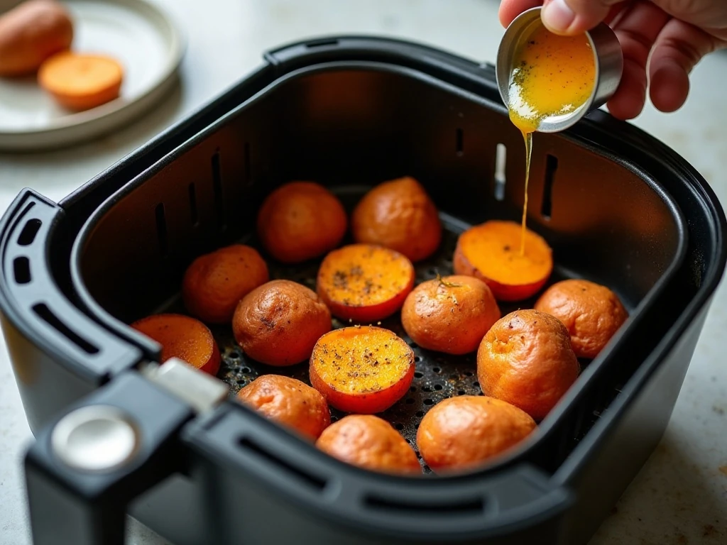 Sweet potatoes arranged in an air fryer basket before cooking