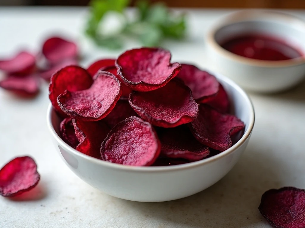 Crispy air fryer beet chips served in a bowl