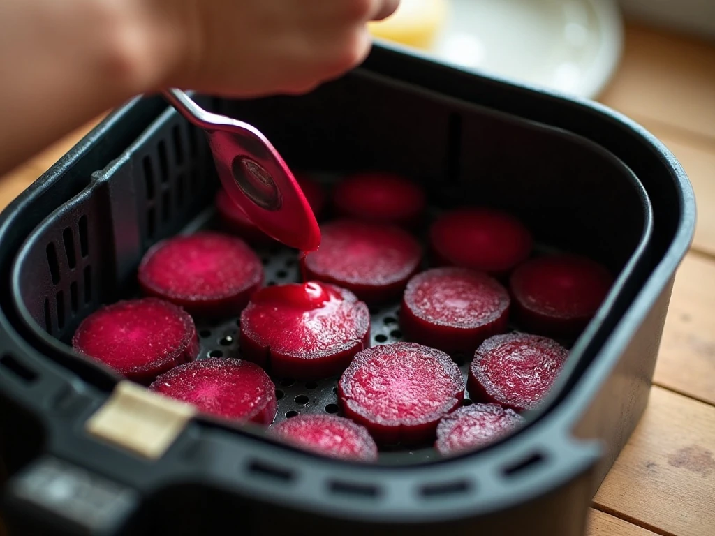 Thin beet slices arranged in an air fryer basket