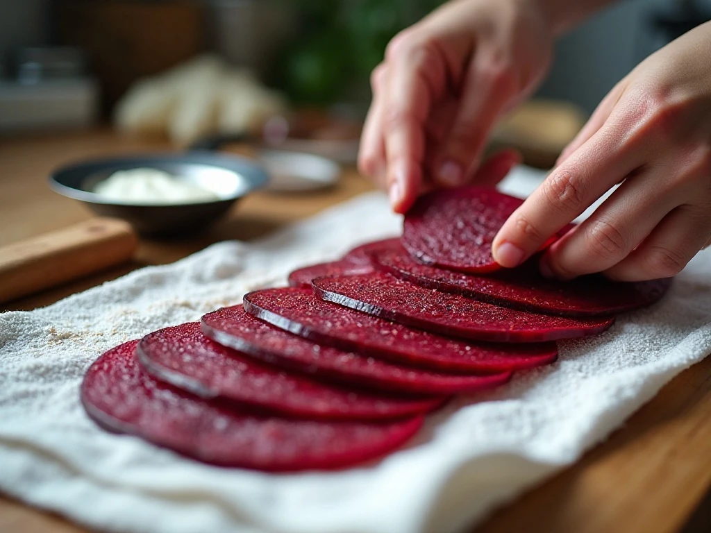 Thin beet slices drying before air frying
