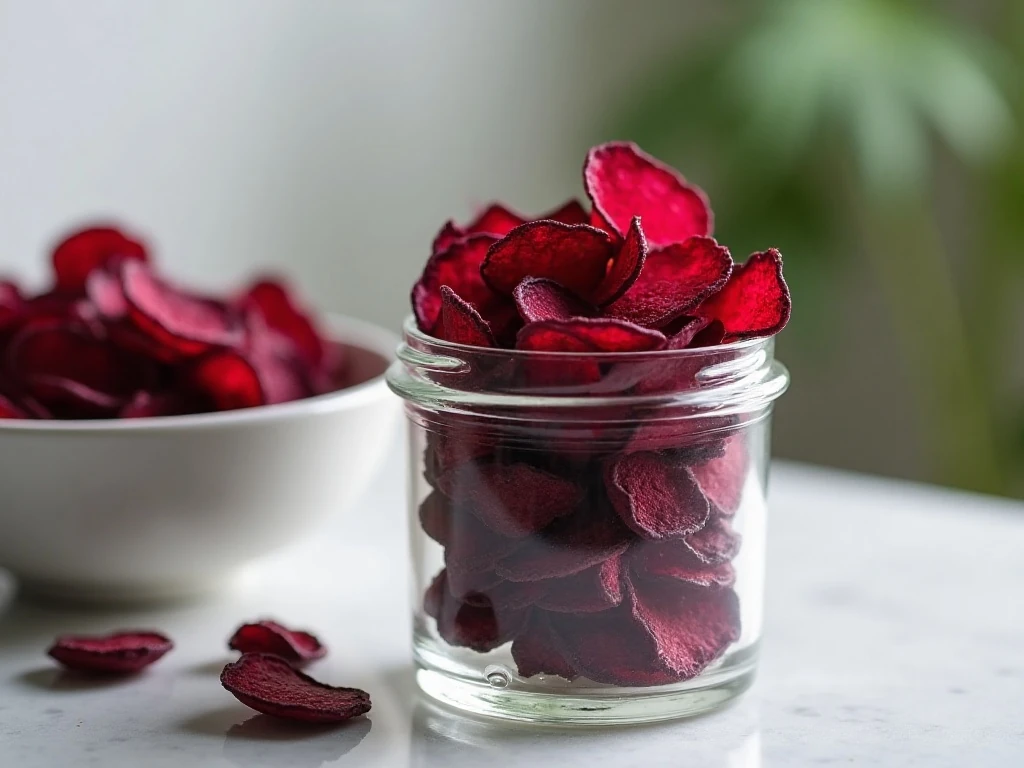 Air fryer beet chips stored for serving