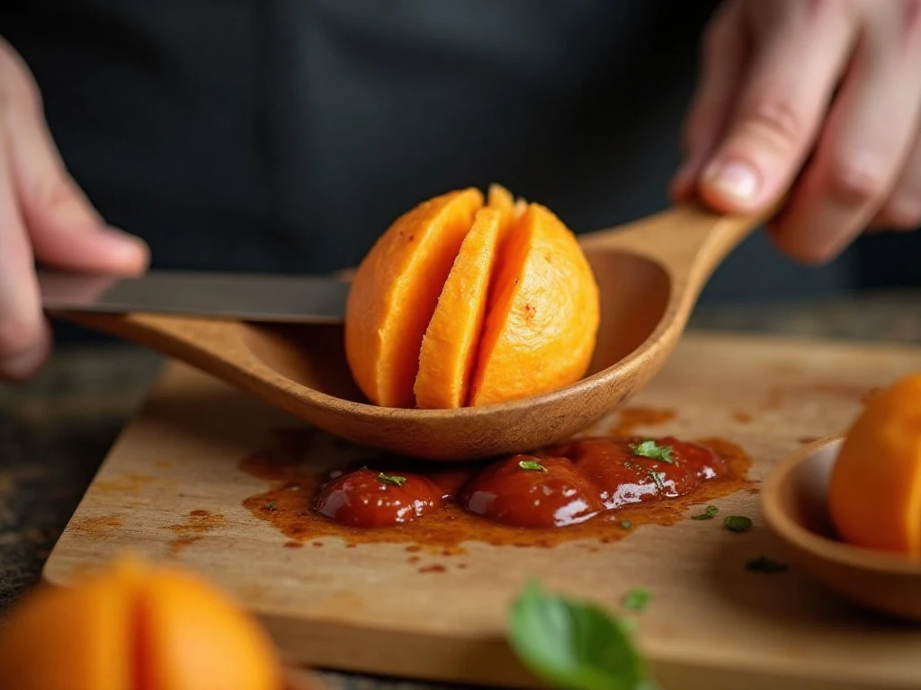 Making crosshatch cuts in a sweet potato for blooming