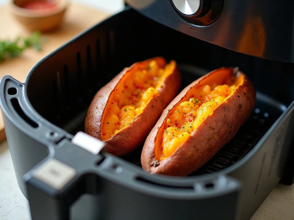 Seasoned blooming sweet potatoes arranged in an air fryer basket