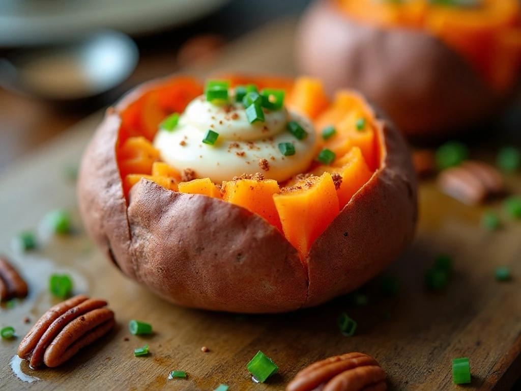 Blooming sweet potato with butter, pecans, chives, and sour cream