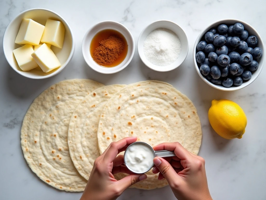 Ingredients for air fryer blueberry cheesecake chimichangas