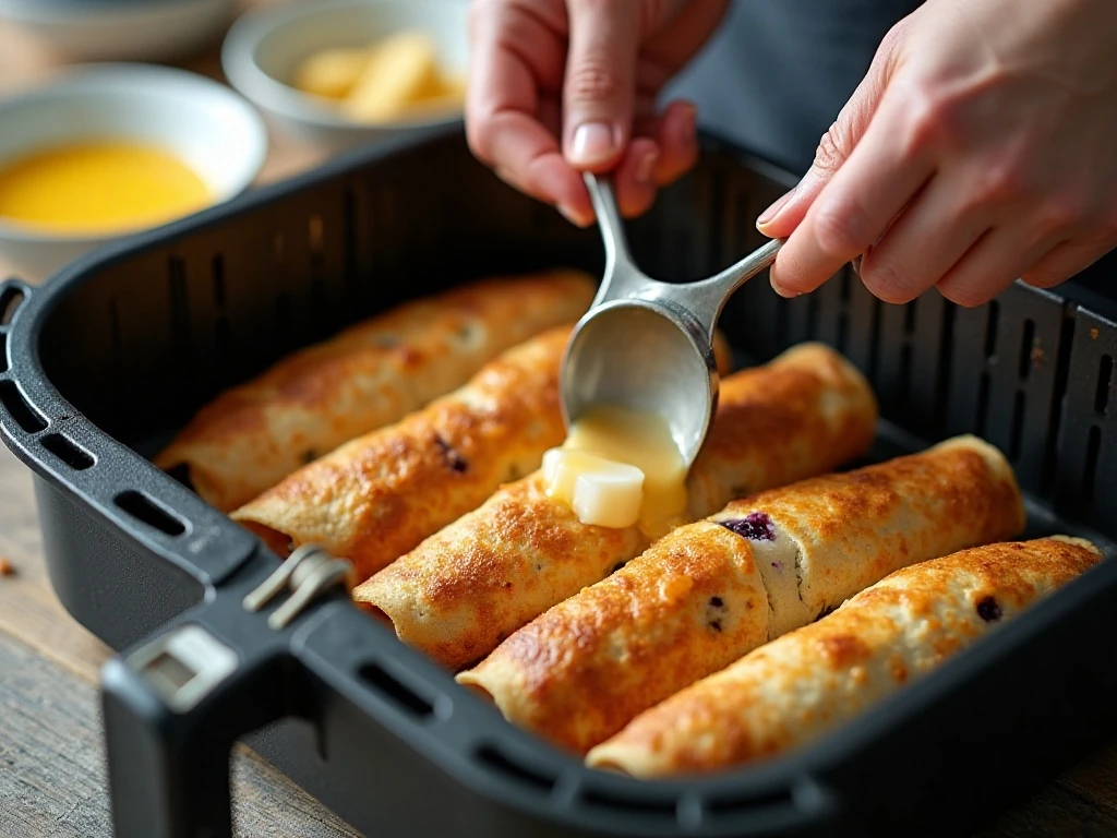 Uncrowded blueberry cheesecake chimichangas in an air fryer basket