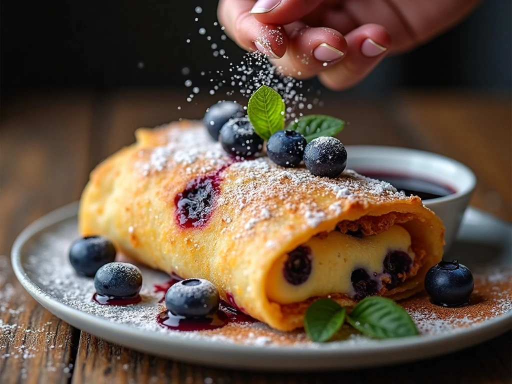 Cinnamon sugar and powdered sugar on a blueberry cheesecake chimichanga