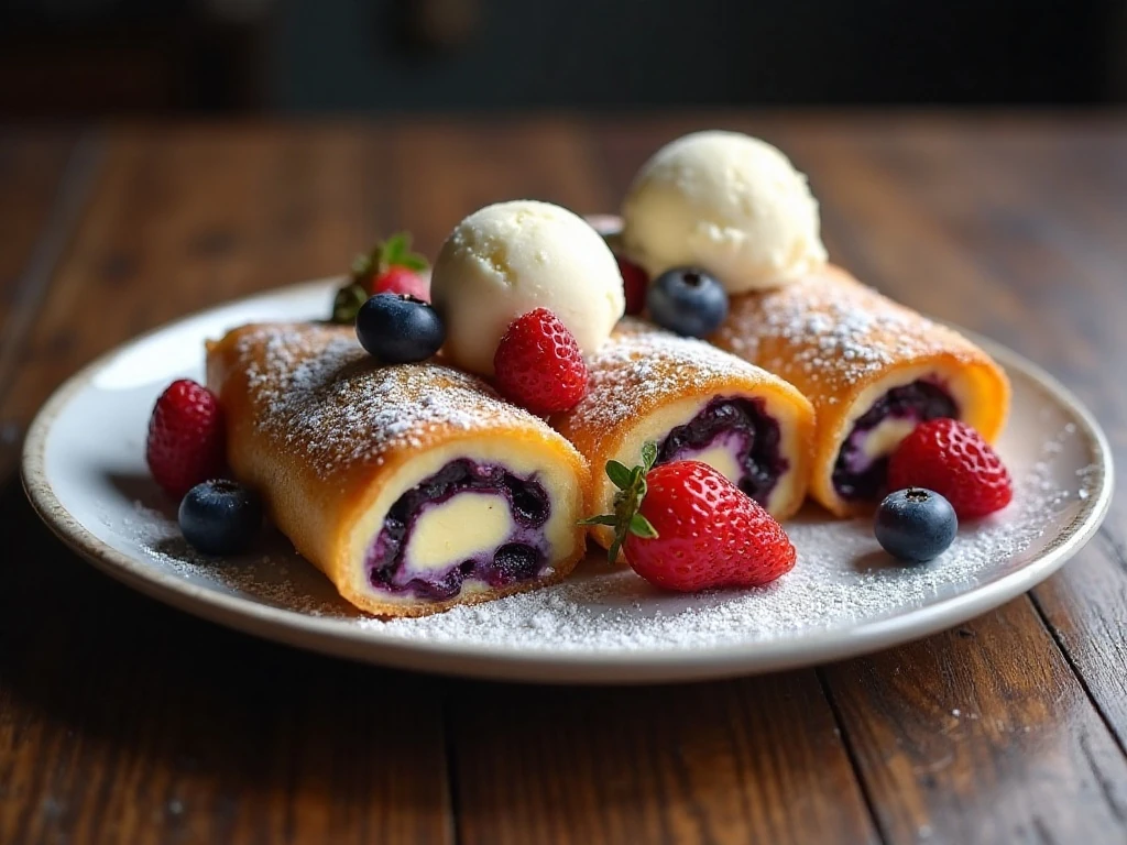Plated air fryer blueberry cheesecake chimichangas with fresh blueberries