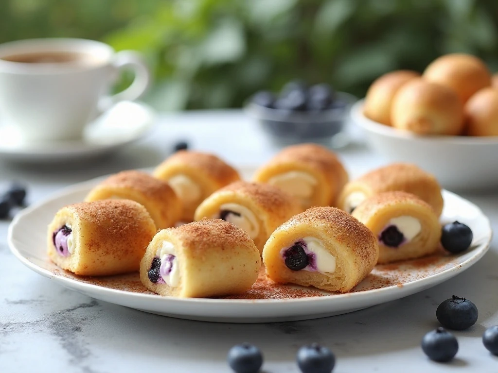 Golden air fryer blueberry cream cheese roll-ups served on a platter