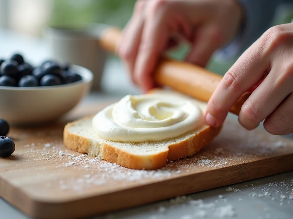Flattening bread before filling blueberry cream cheese roll-ups
