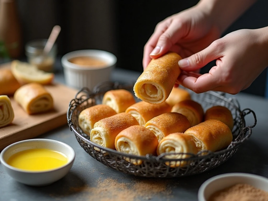 Bread roll-ups arranged seam-side down in an air fryer basket