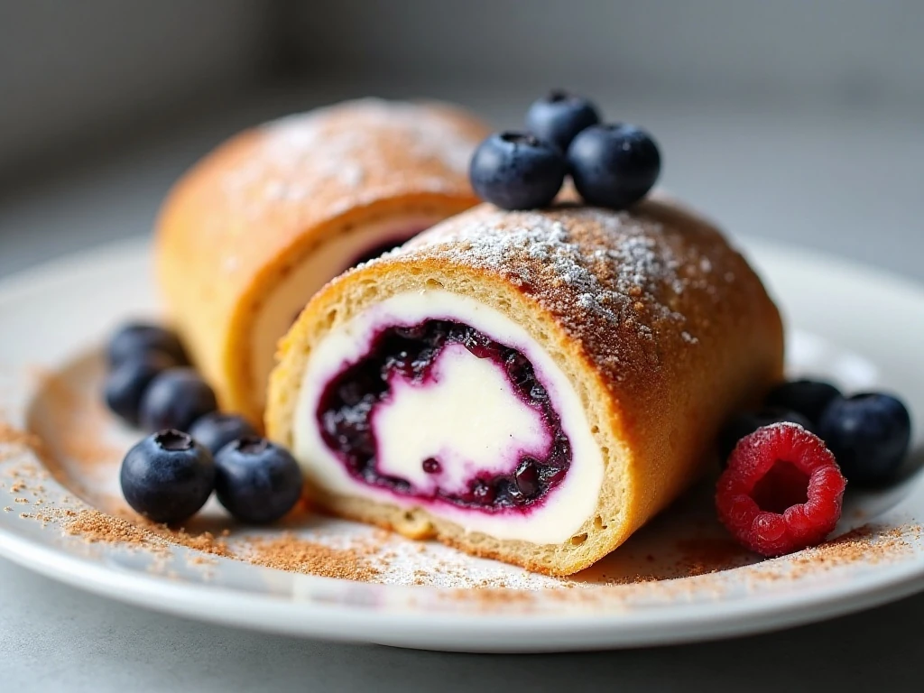 Sliced blueberry cream cheese roll-up with cinnamon sugar and berries
