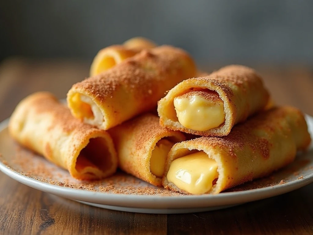 Golden air fryer cheesecake chimichangas arranged on a platter