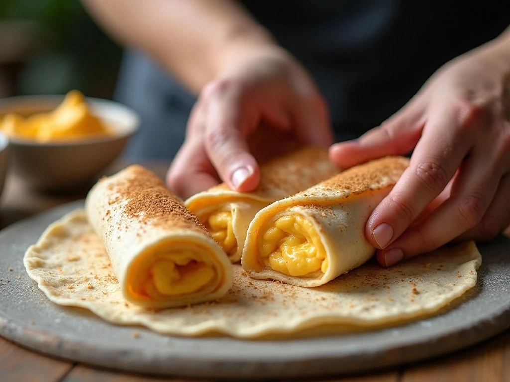 Rolling cream cheese filled tortillas for chimichangas