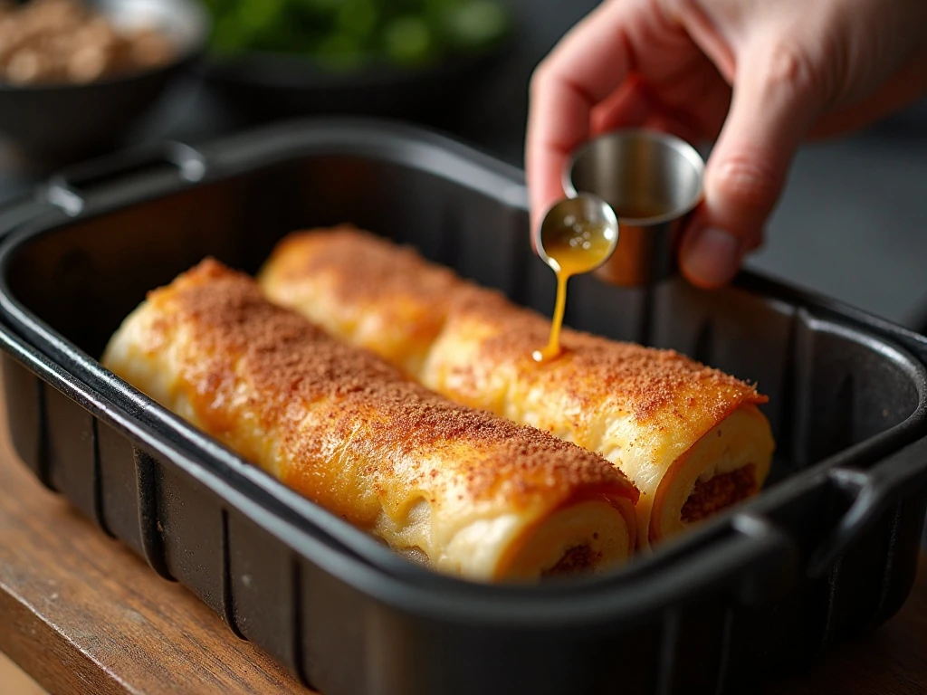 Cheesecake chimichangas arranged in an air fryer basket