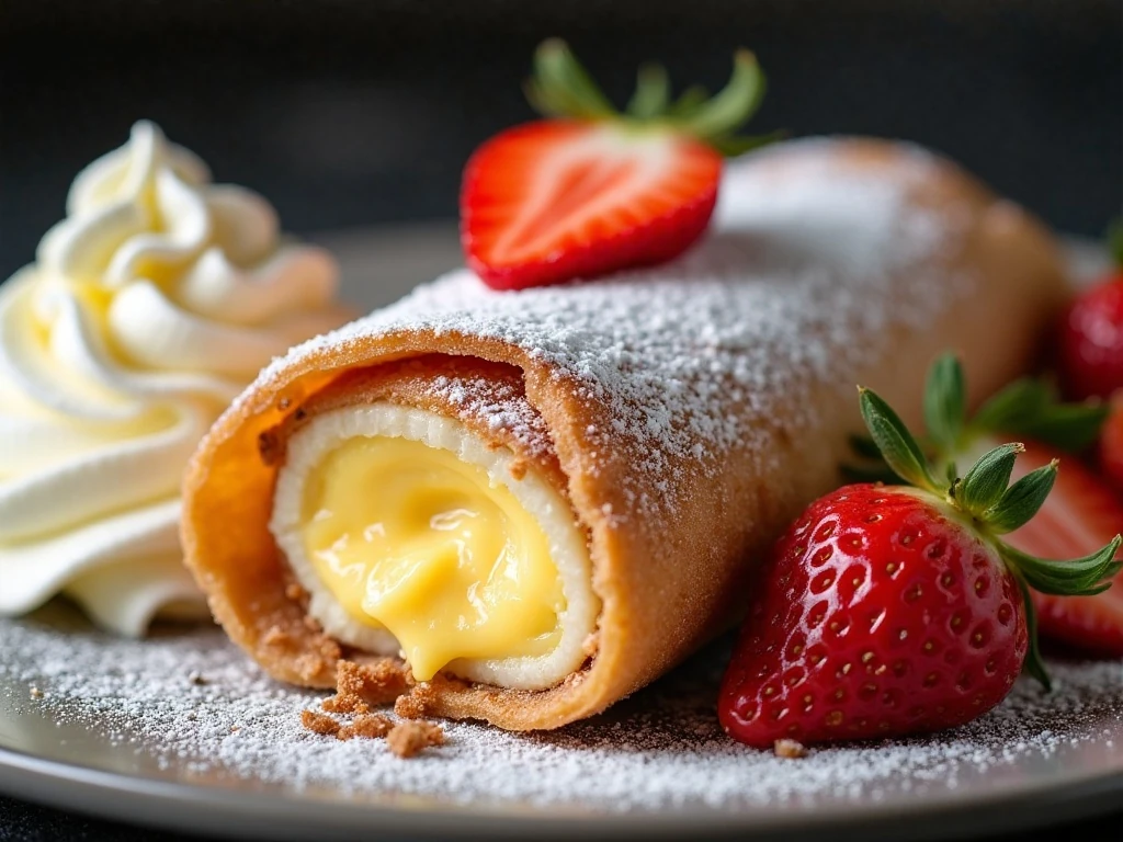 Sliced cheesecake chimichanga with strawberries and whipped cream