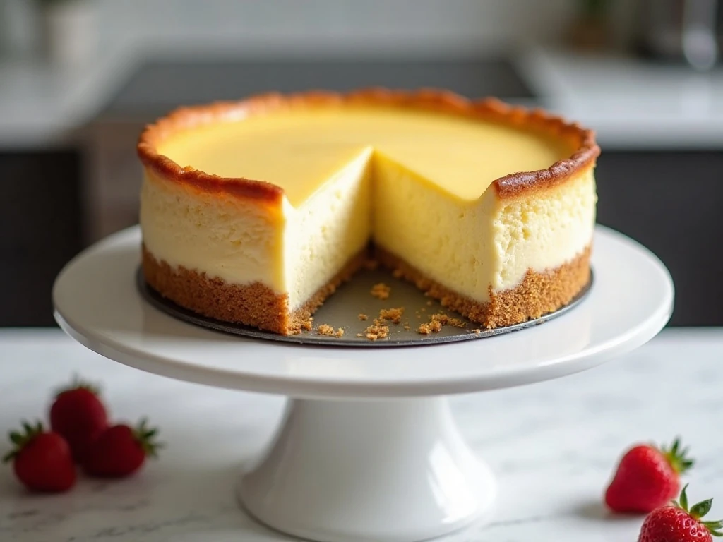 Creamy air fryer cheesecake with a golden biscuit crust and one slice served