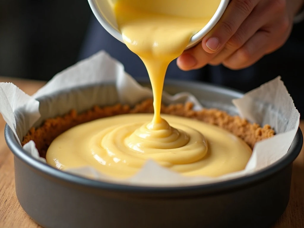 Cheesecake filling poured over a chilled biscuit crust before air frying