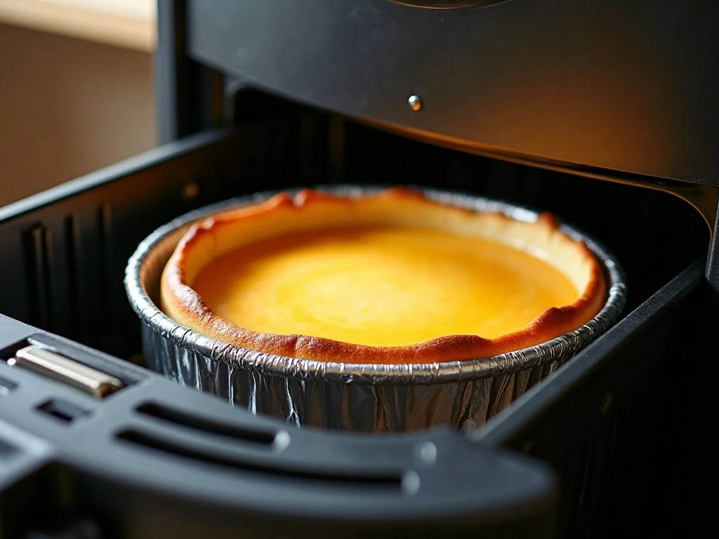 Air fryer cheesecake cooking with a lightly golden top and gently set center