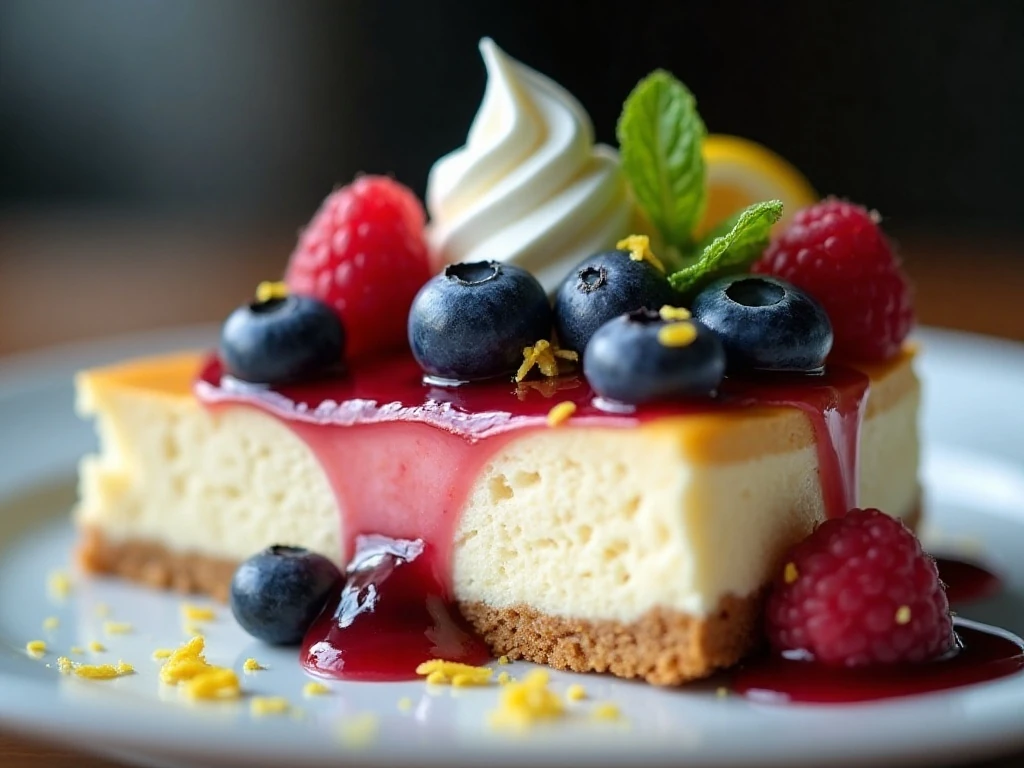 Air fryer cheesecake slice decorated with berries, whipped cream, lemon zest, and mint