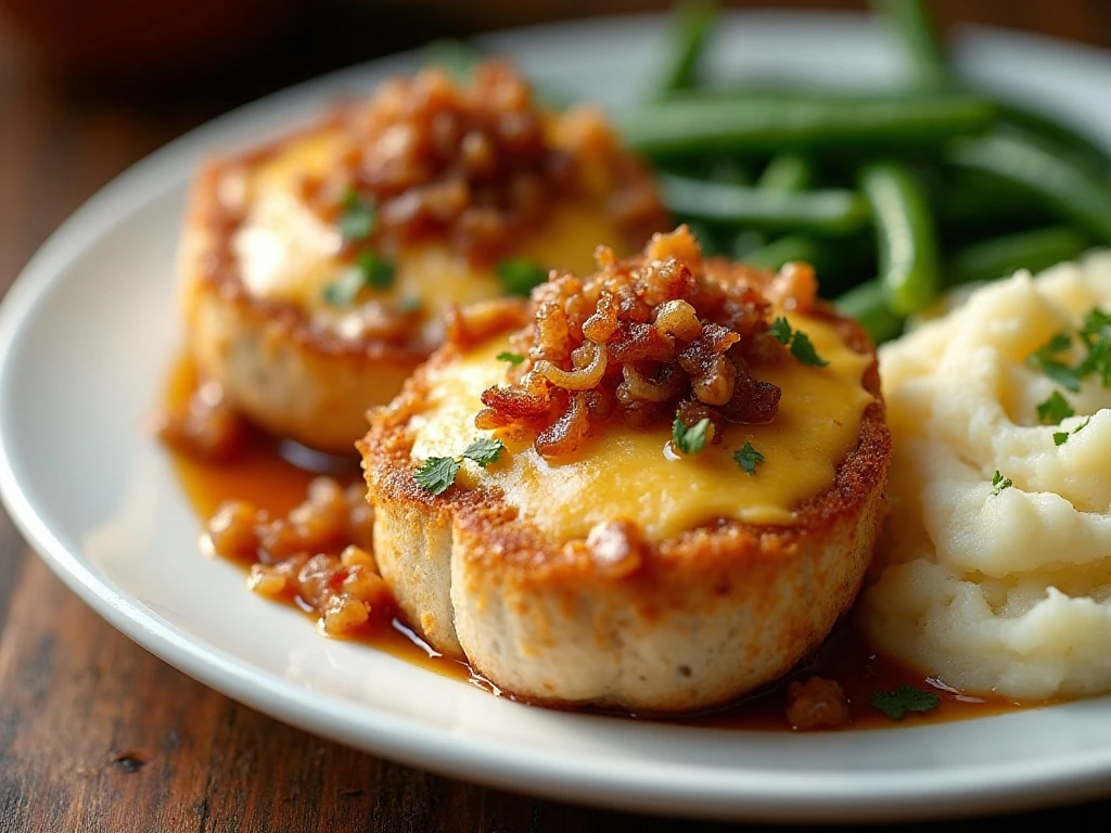 Air fryer cheesy French onion pork chops served with potatoes and green beans