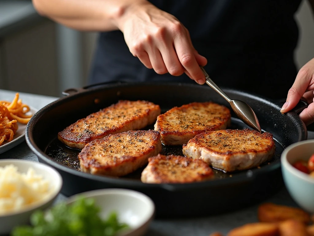 Seasoned pork chops arranged in an air fryer basket