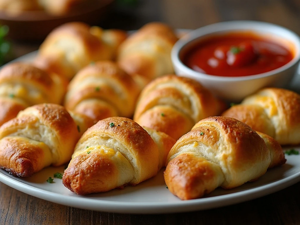 Golden air fryer cheesy garlic crescent rolls served with marinara