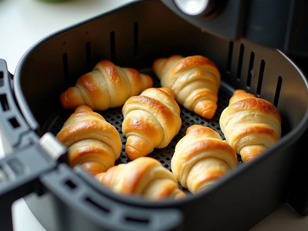 Crescent rolls arranged in a single layer in an air fryer basket