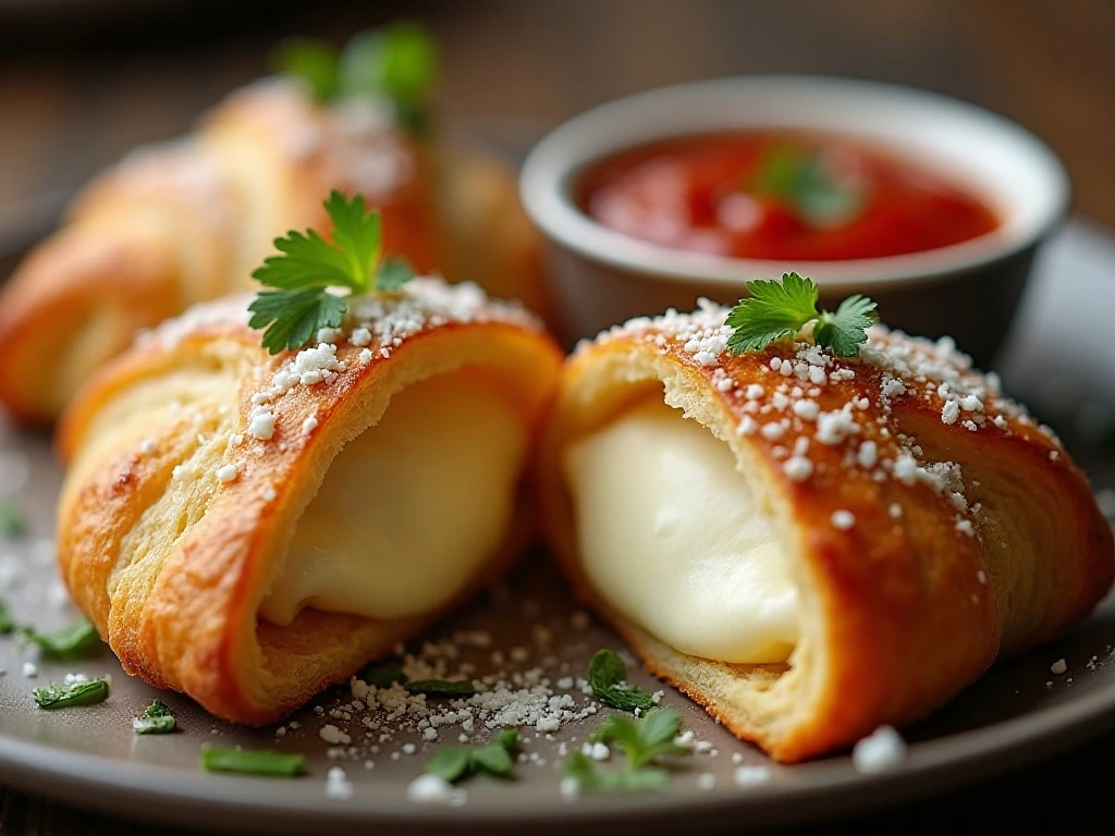 Melted mozzarella center with Parmesan and parsley on a crescent roll