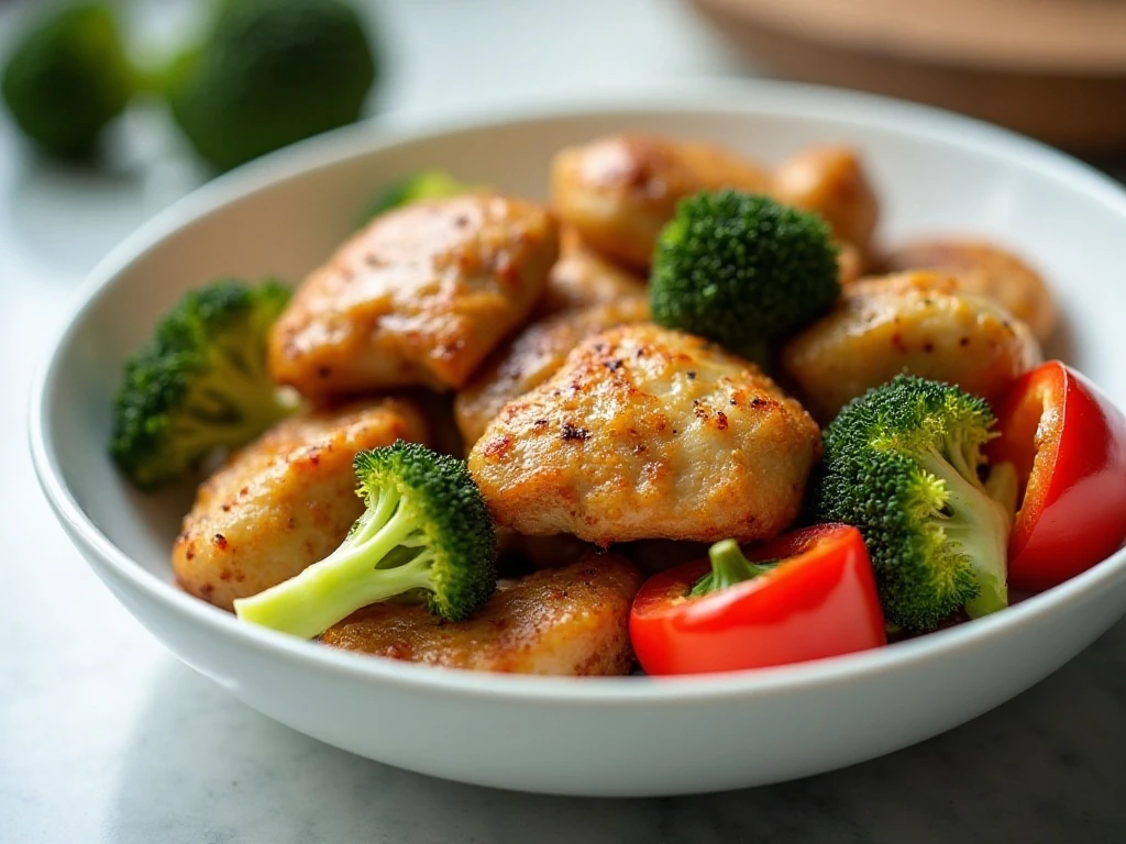 Air fryer chicken and vegetables served as a colorful 15-minute dinner