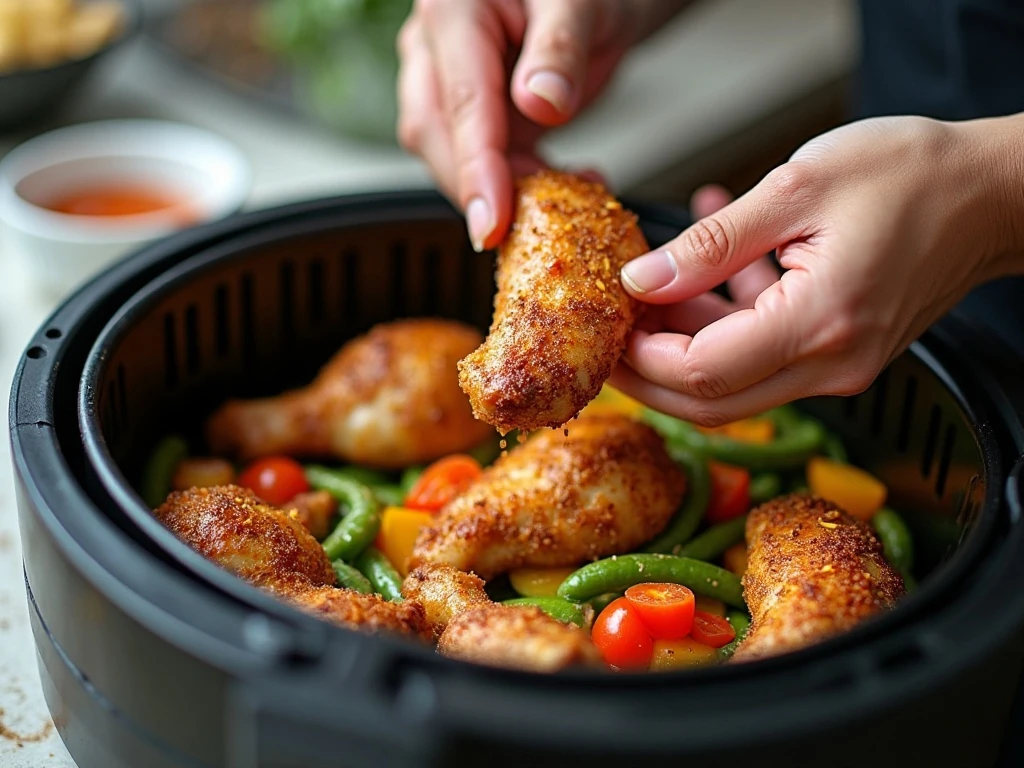 Seasoned chicken and vegetables arranged in an air fryer basket