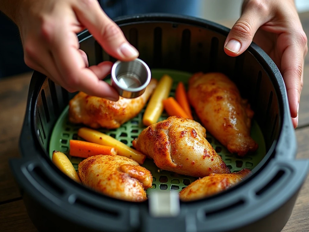 Shaking chicken and vegetables halfway through air frying