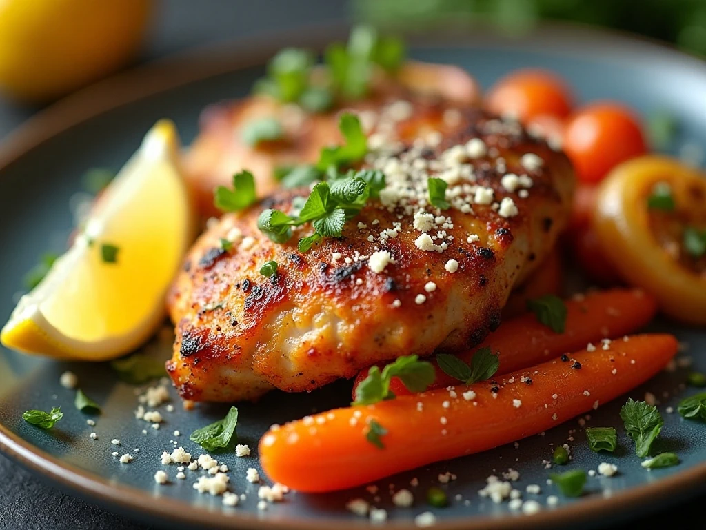 Air fryer chicken and vegetables with lemon and Parmesan garnish