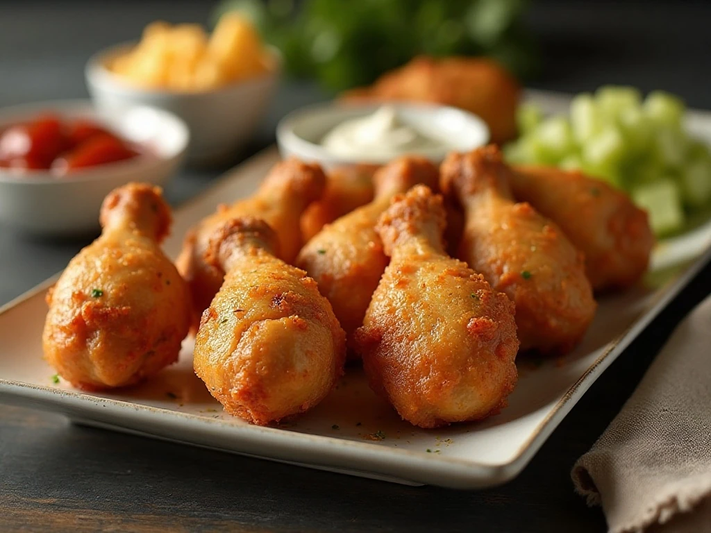 Crispy air fryer chicken legs arranged on a serving platter