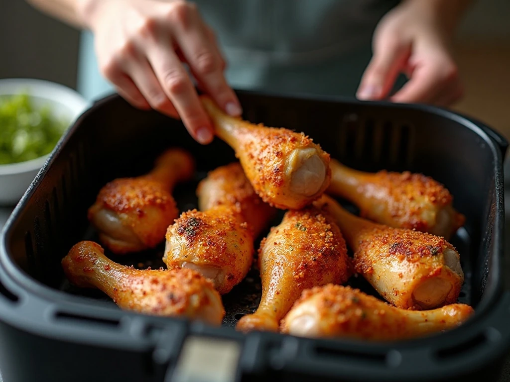 Seasoned chicken drumsticks arranged in an air fryer basket