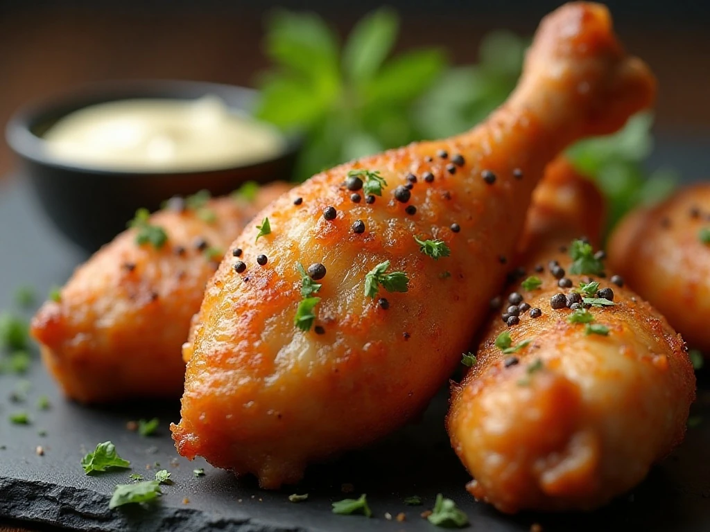 Close-up of crispy seasoned air fryer chicken leg