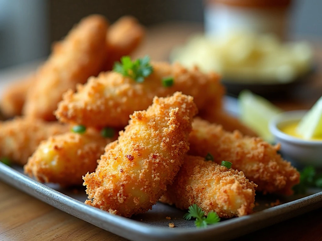 Golden crispy air fryer coconut chicken tenders served with dipping sauces