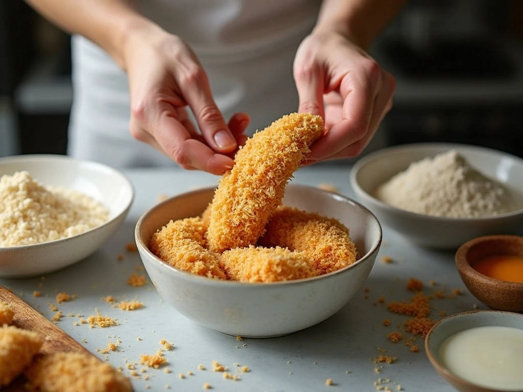 Chicken strip being coated in coconut and panko breadcrumbs