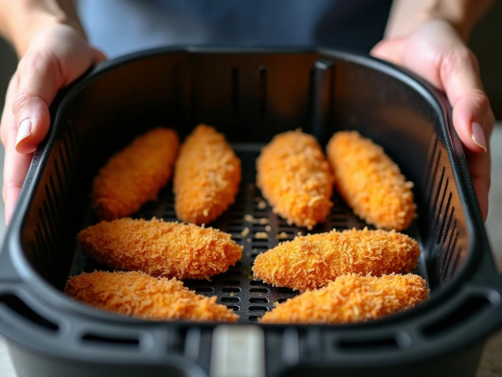 Coconut chicken arranged in a single layer in an air fryer basket