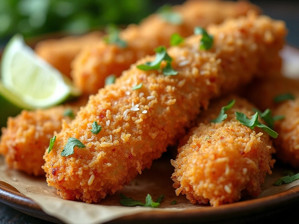Crispy coconut chicken with lime wedges and dipping sauces