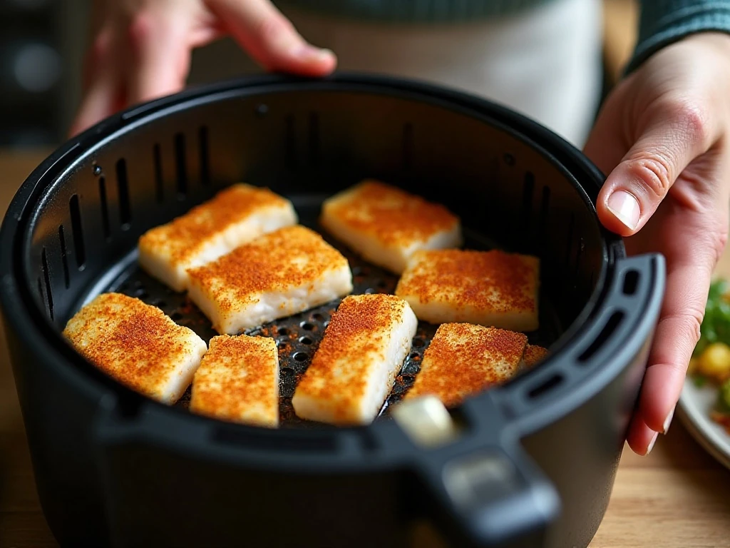 Seasoned cod arranged in the air fryer basket