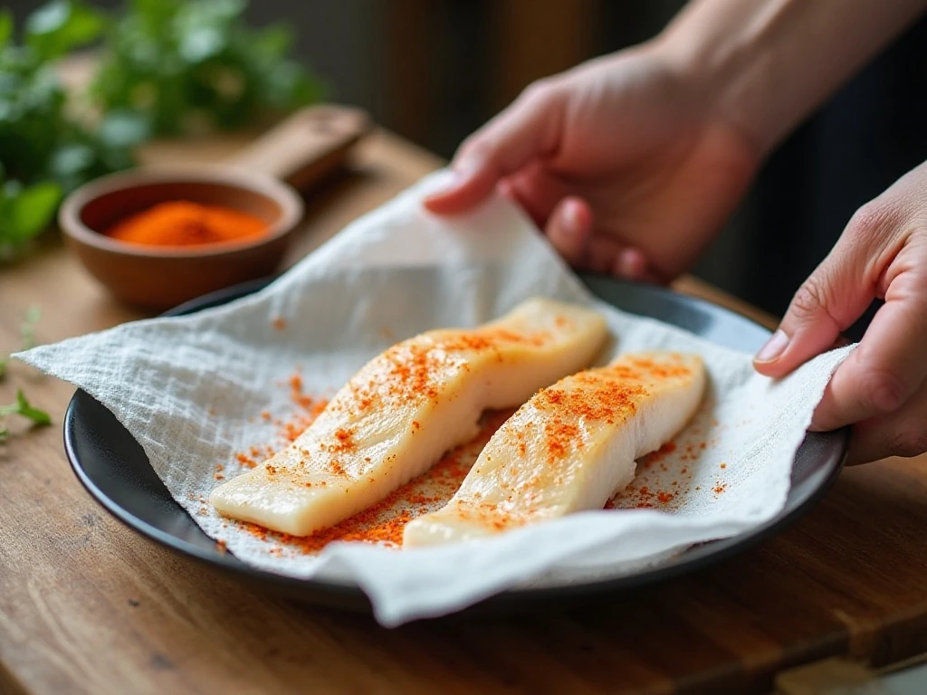 Drying cod before air frying for a lightly crisp surface