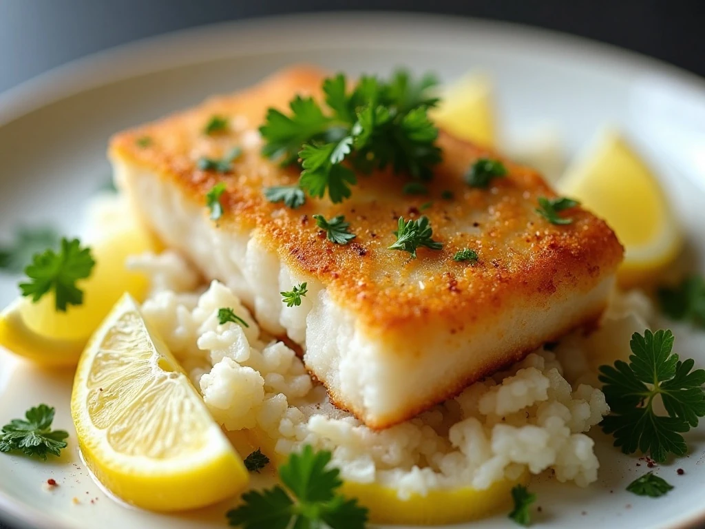 Flaky air fryer cod garnished with parsley and lemon