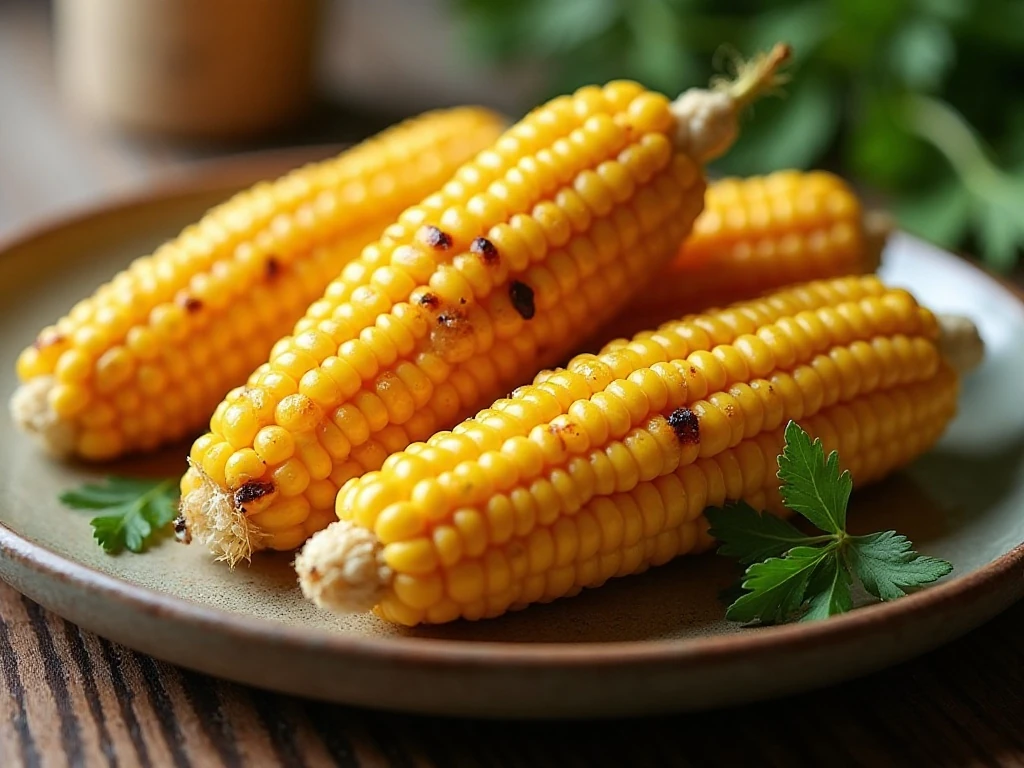 Air fryer corn on the cob served hot with butter and parsley