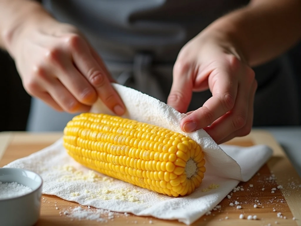 Patting corn dry before air frying for better browning