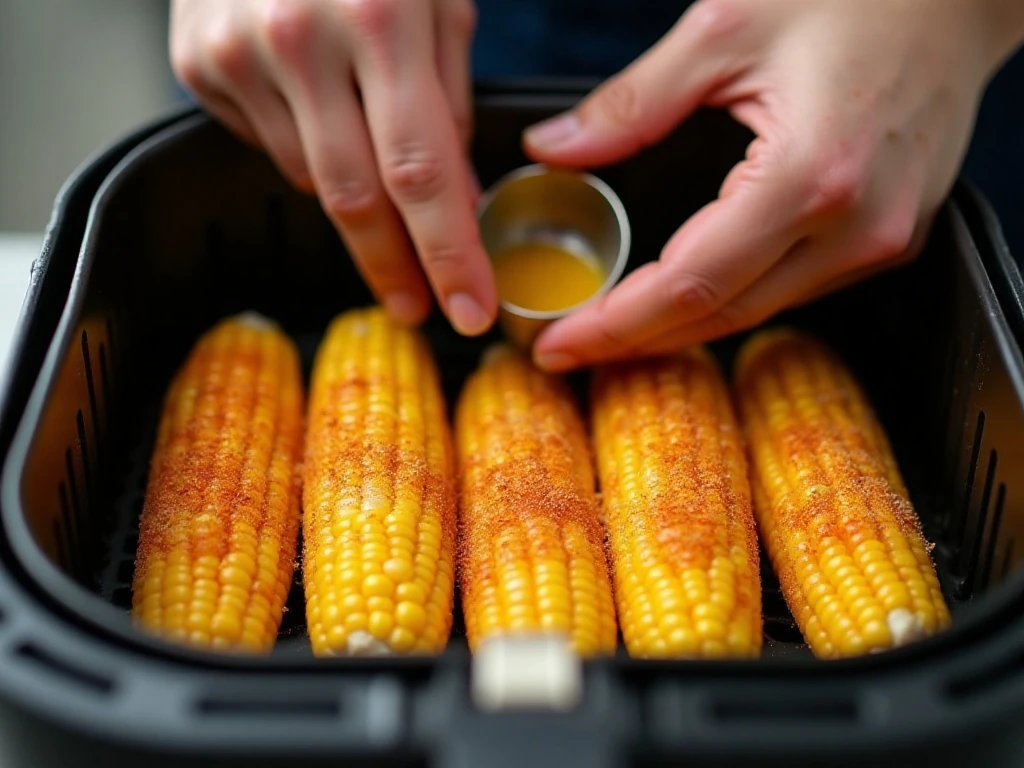 Seasoned corn arranged in an air fryer basket