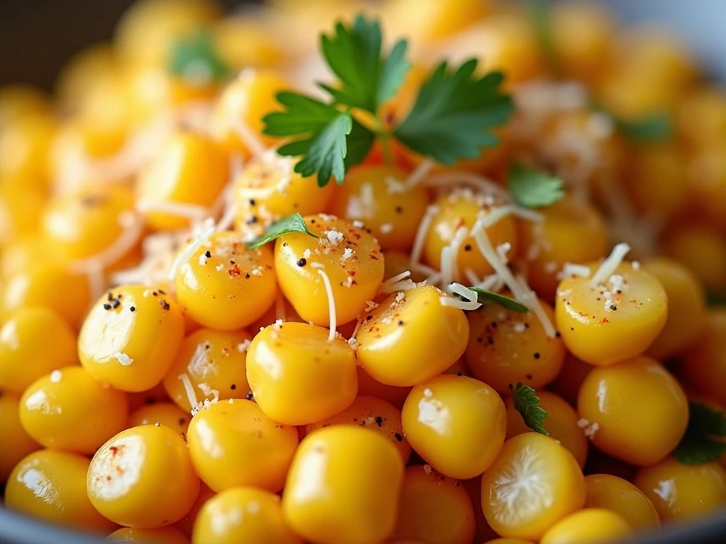 Close-up of Parmesan and parsley on crispy air fryer corn