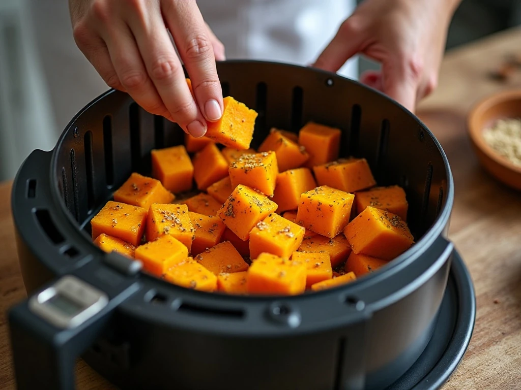 Seasoned butternut squash cubes arranged in an air-fryer basket