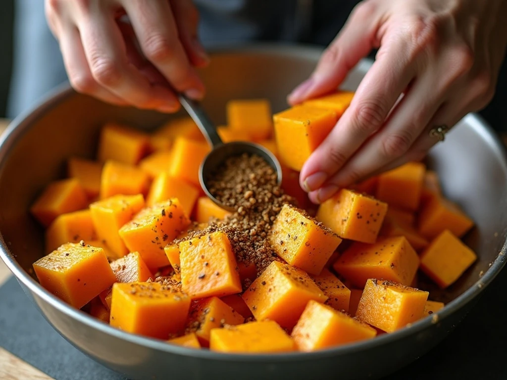 Uniform butternut squash cubes coated with oil and seasonings