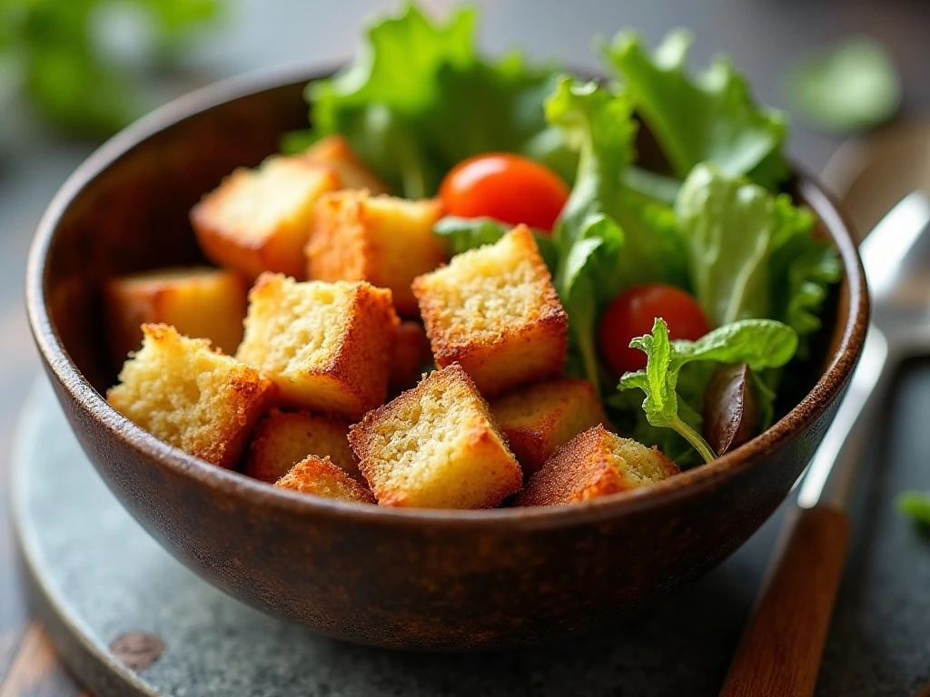 Golden homemade air fryer croutons served beside a fresh salad